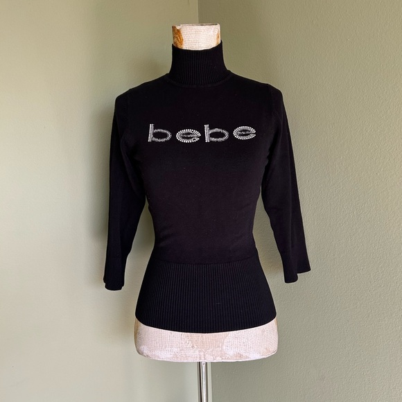 Bebe Black Rhinestoone LogoTurtleneck Sweater - Picture 1 of 7